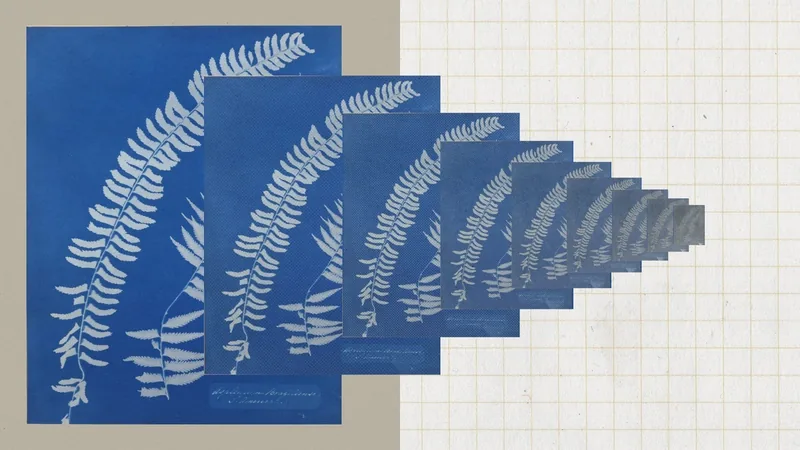 Anthropic Distillation Defenses artwork: a blue fern print repeated in shrinking copies across a beige and grid background