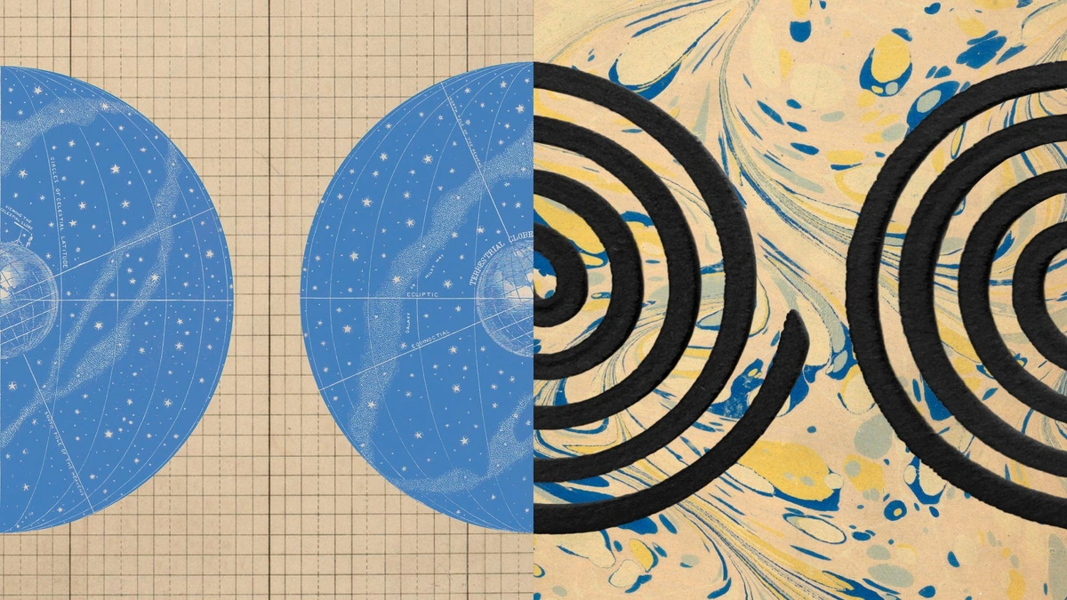 Anthropic artwork pairing partial blue star charts on graph paper with black concentric arcs on marbled paper