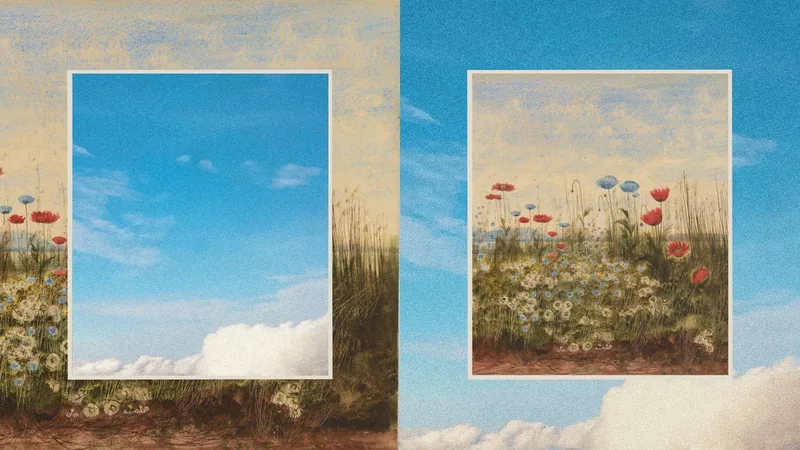 Anthropic illustration of framed images showing a blue sky over a flowering meadow