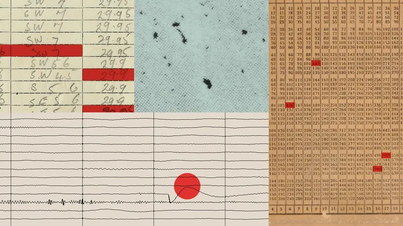 Anthropic illustration of handwritten tables, a number grid and a seismograph trace marked with red highlights