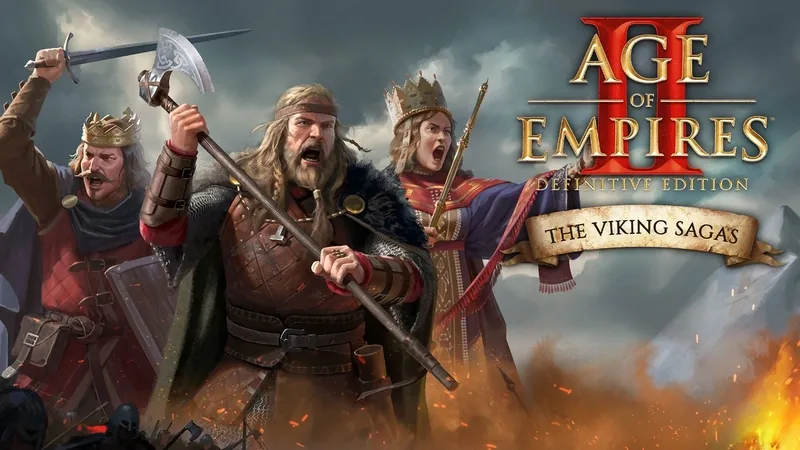 The Viking Sagas key art showing Viking warriors in battle beside the Age of Empires II logo