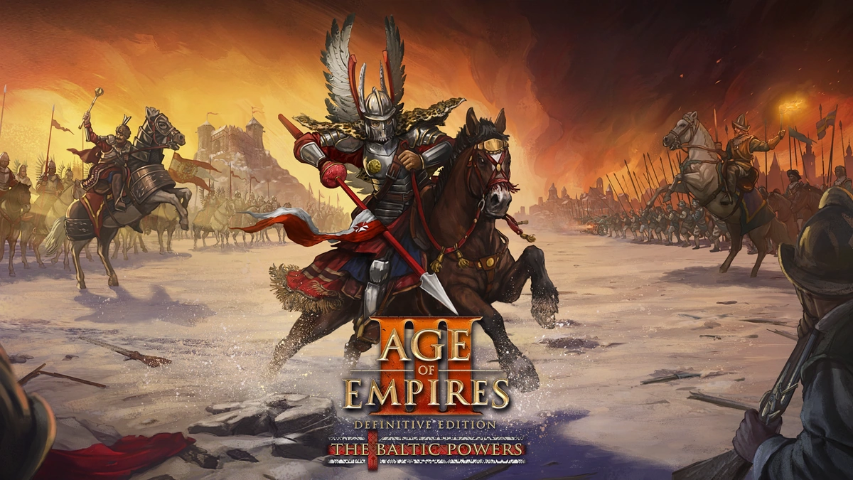 Age of Empires III: The Baltic Powers key art of a winged hussar charging on horseback across a snowy battlefield