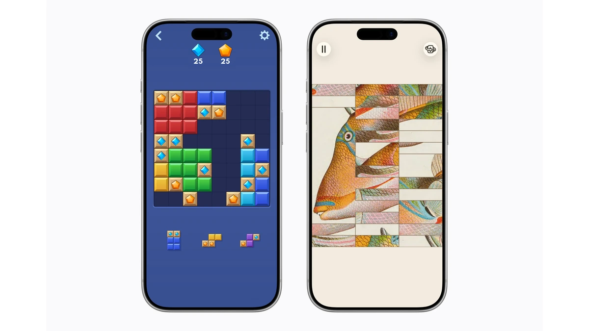 Two iPhones showing Block Blast!+ colorful puzzle grid and Art of Fauna fish sliding puzzle