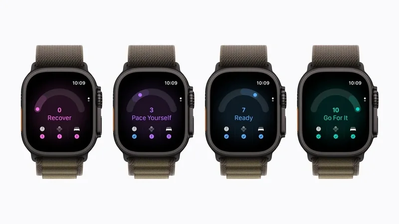Four Apple Watch Ultra 4 units show readiness scores from 0 Recover to 10 Go For It on their displays