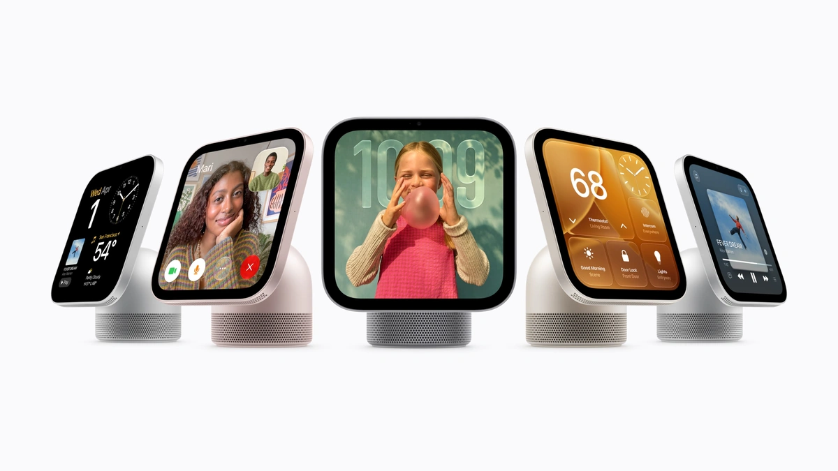 Five Apple HomeView smart displays in a row on a white backdrop, screens showing a video call, a clock and home controls