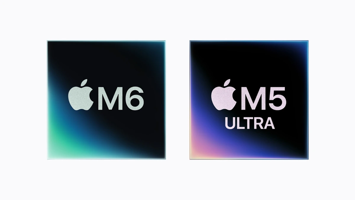 Apple M6 and M5 Ultra chip renders on a white background