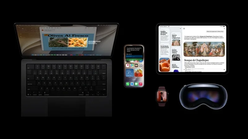 MacBook Pro, iPhone, iPad, Apple Watch, and Vision Pro displaying Siri responses on a black background