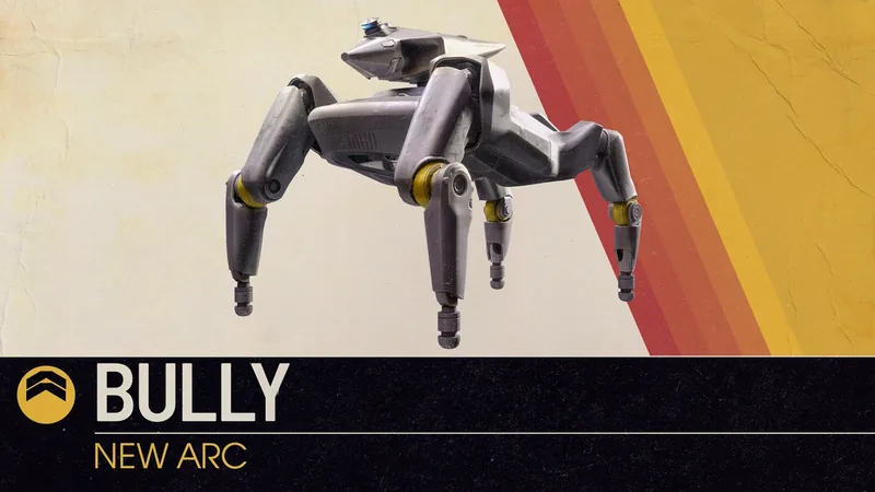 ARC Raiders free weekend artwork of Bully, a legged robot machine, over a striped retro backdrop with a name banner