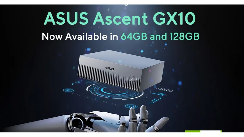 ASUS Ascent GX10 small silver unit with ribbed vents floating above a robotic hand under promotional text