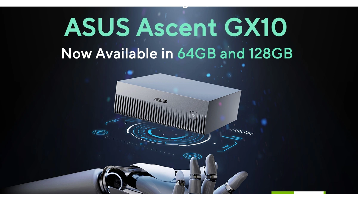 ASUS Ascent GX10 small silver unit with ribbed vents floating above a robotic hand under promotional text