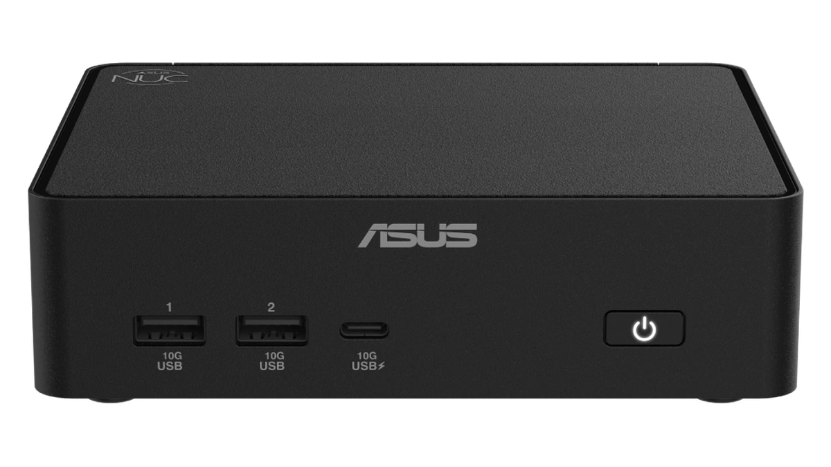 ASUS NUC 16 Pro mini PC in black seen from the front with USB ports and a power button