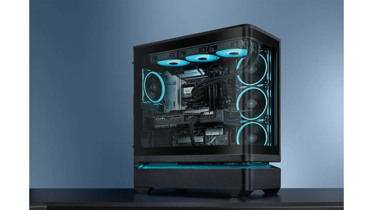 ASUS Prime AP304 black tower case with curved glass panel showing cyan-lit fans, motherboard and graphics card