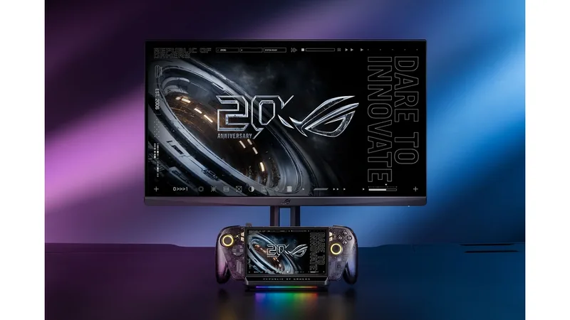 ROG Xbox Ally X20 handheld seated in the ROG Bulwark Dock DG310 below a monitor showing ROG anniversary artwork