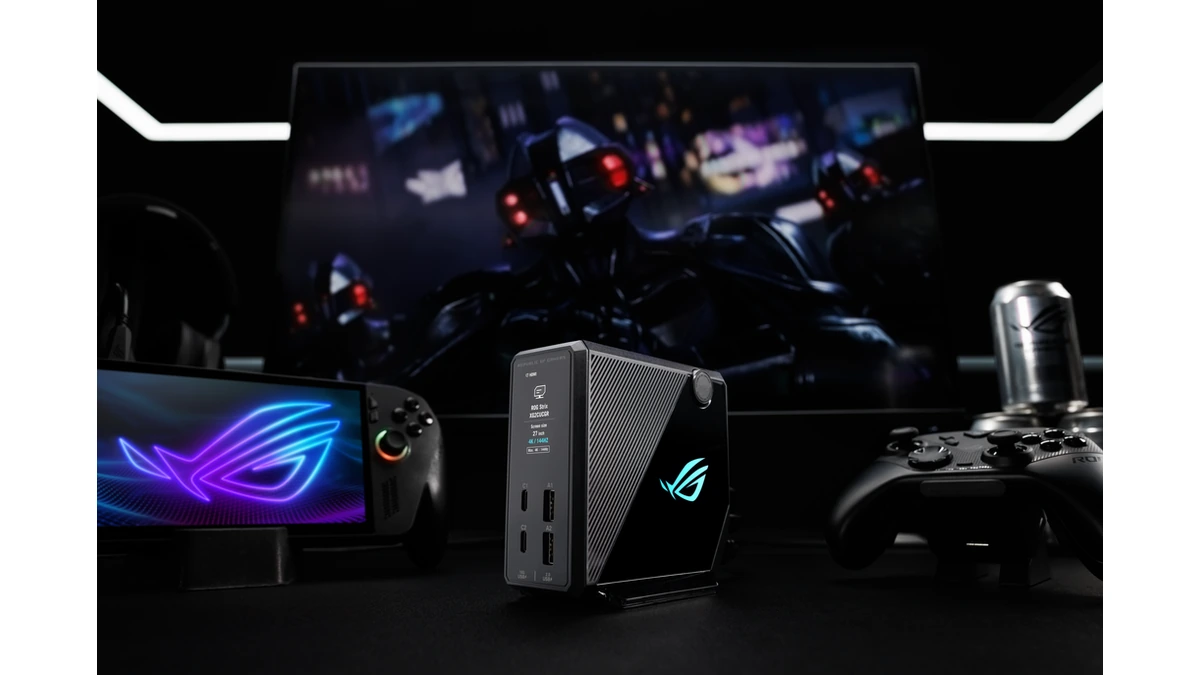 ASUS ROG Flux Charger Dock charging a ROG handheld on a desk setup
