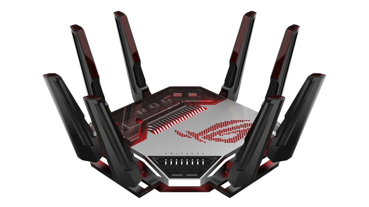 ASUS ROG Rapture GT-BN98 router with angled antennas and a lit ROG logo on the top plate