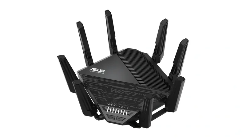 Black ASUS Wi-Fi router with external antennas on a white background