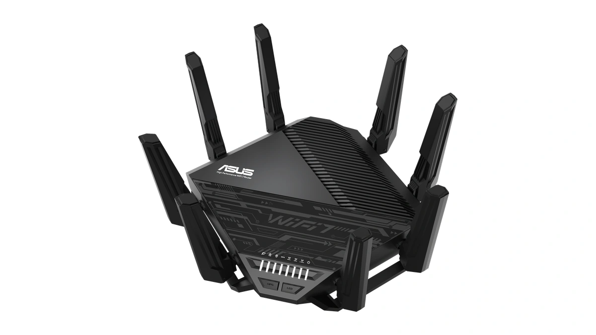 Black ASUS Wi-Fi router with external antennas on a white background