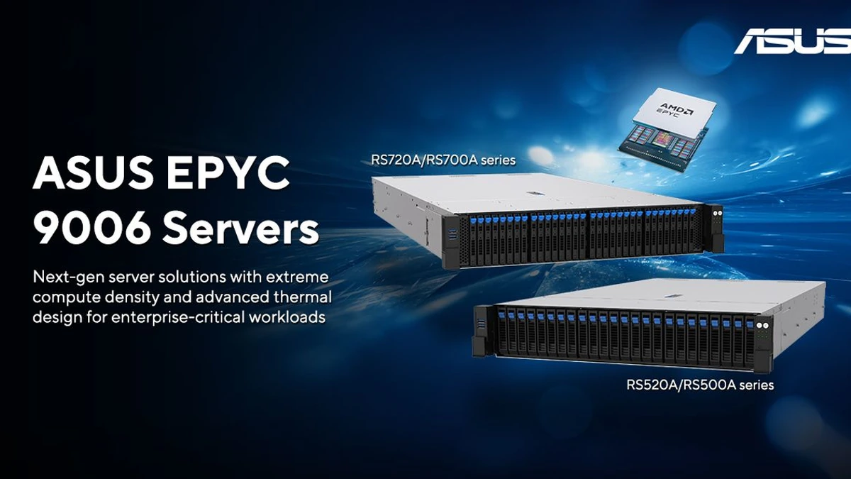 ASUS RS720A and RS520A rack servers beside an AMD EPYC 9006 processor on a blue background