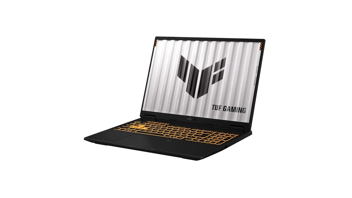 ASUS TUF Gaming 16 FX610JH gaming laptop shown open at an angle on a white background