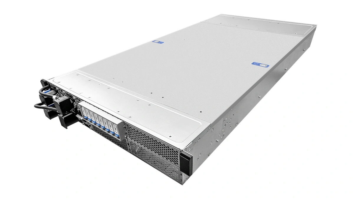 ASUS XA P2N-E2 2U rack server seen from its front corner, showing the drive bays and port panel, on a white background
