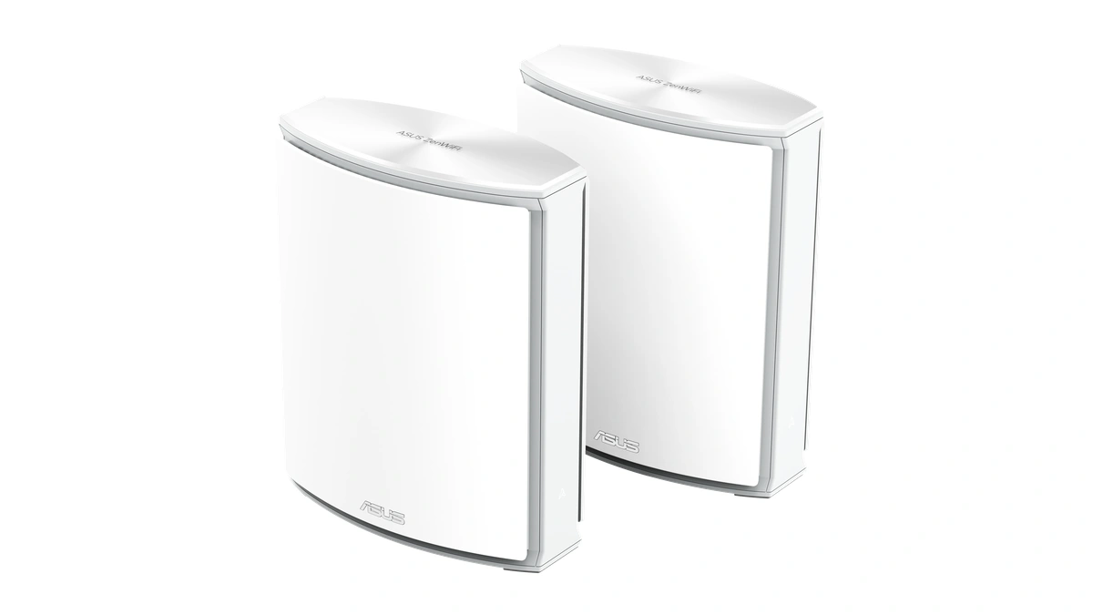 ASUS ZenWiFi BN12 mesh system, two white router nodes standing side by side on a white background