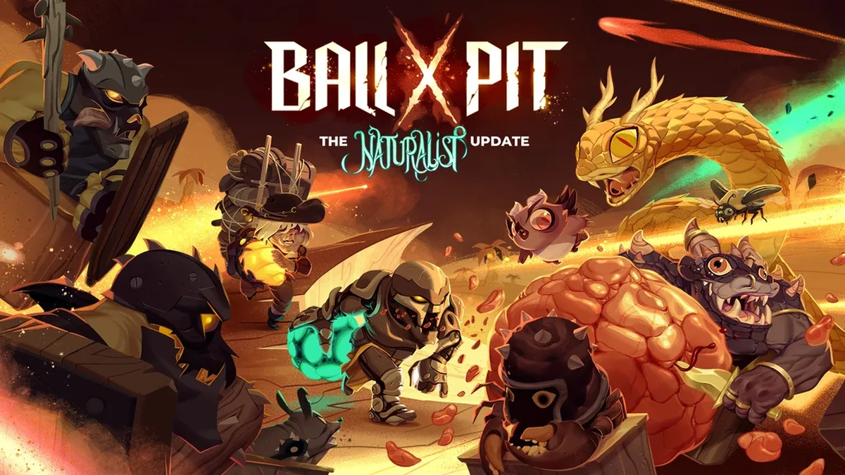 Ball x Pit The Naturalist Update key art with armored characters and creatures in a desert pit