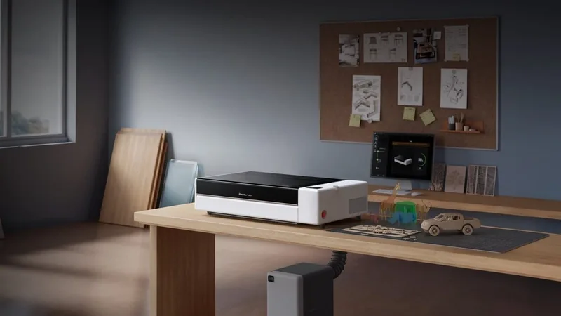 R1 laser cutter from Bambu Lab, a white and black machine on a wooden workbench in a dim studio beside cut wood models