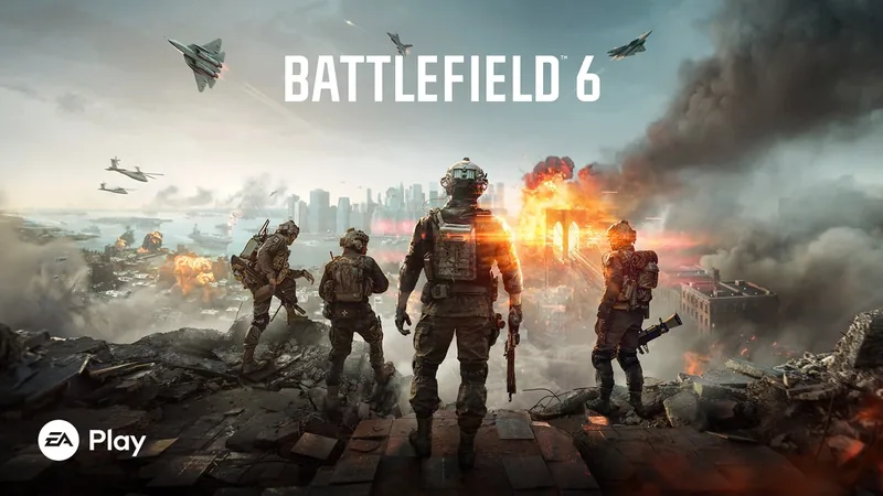 Xbox Game Pass adds Battlefield 6: EA Play key art of soldiers advancing through a burning city