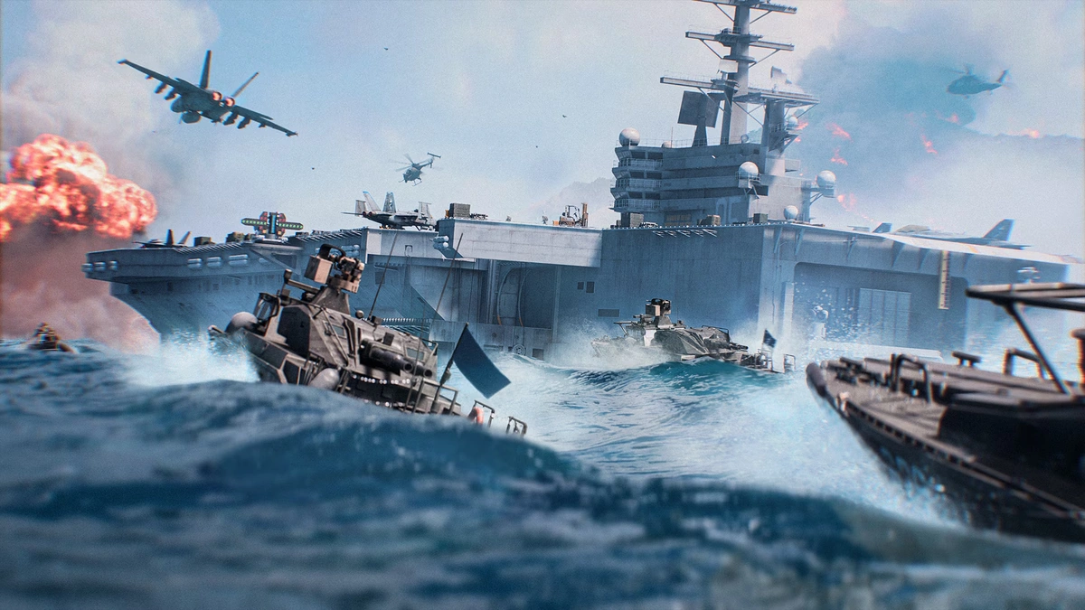 Battlefield 6 scene with an aircraft carrier, boats crossing rough water and jets overhead