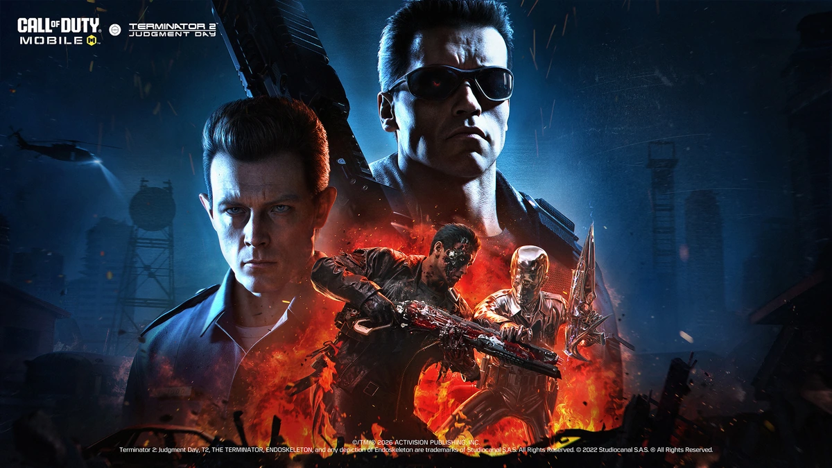 Call of Duty Mobile Season 7 key art with Terminator 2 characters and endoskeletons over a burning city