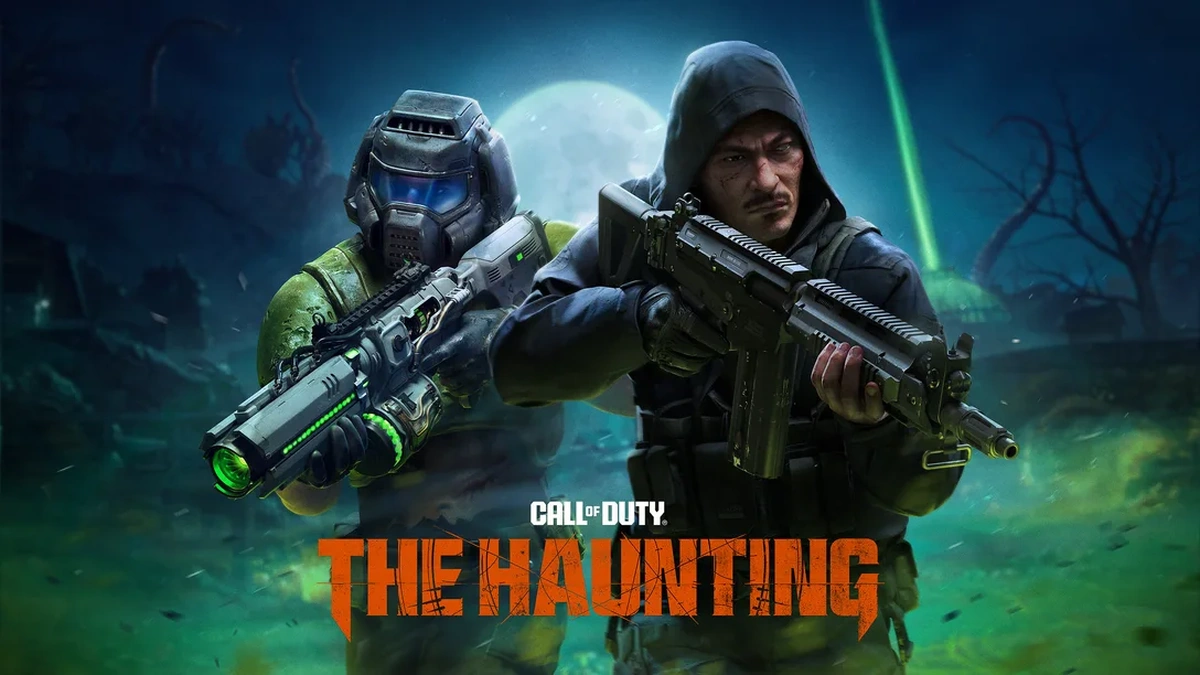 Call of Duty: The Haunting key art shows two armed characters against a green-lit graveyard under a full moon