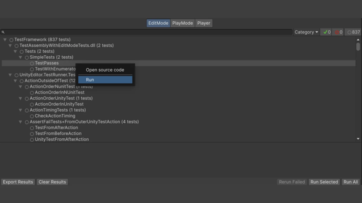 Unity Test Runner window showing the test tree with pass and fail counters and a right-click Run menu