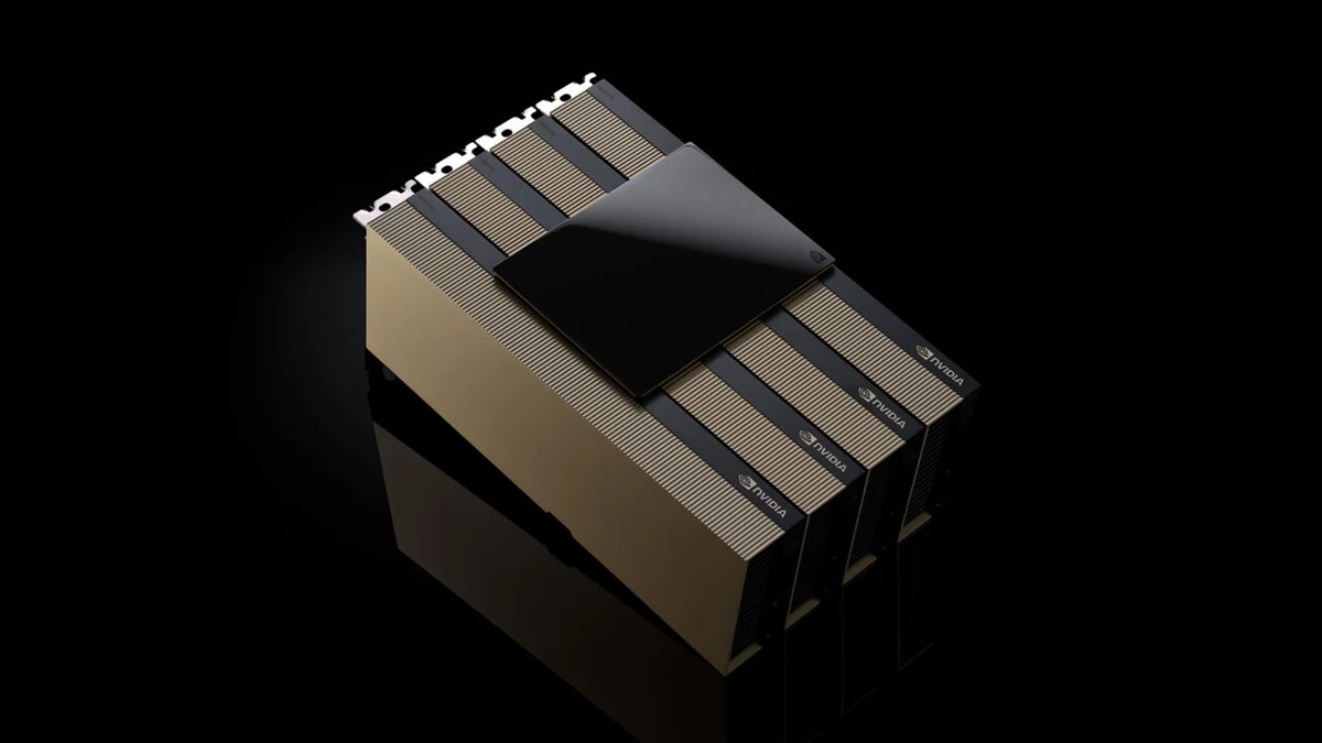 Four NVIDIA H200 NVL data-center GPU cards bridged by NVLink, gold and black heatsinks on a dark studio backdrop
