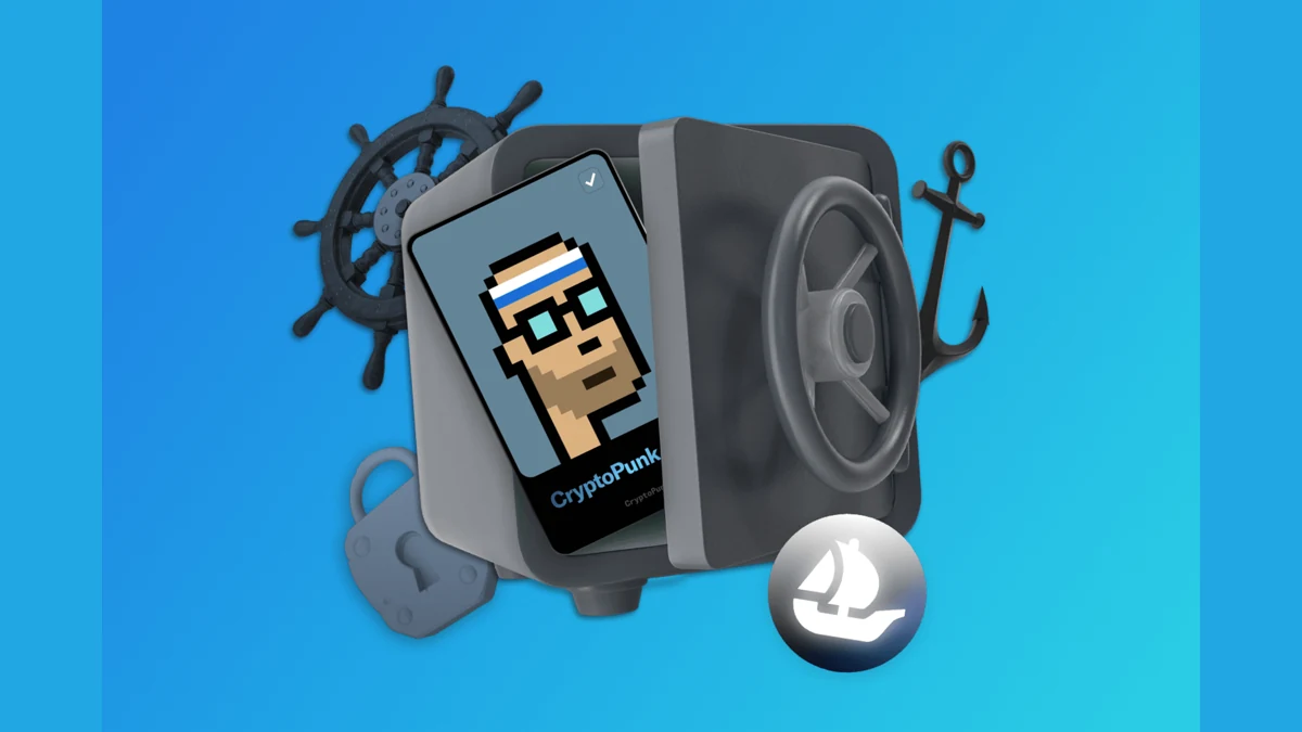 OpenSea illustration of a vault door with a CryptoPunk on a screen beside a ship wheel and anchor on blue