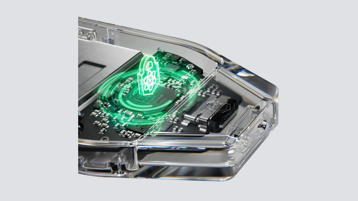 Trezor Safe 7 with a transparent shell revealing its circuit board and a glowing green security chip graphic