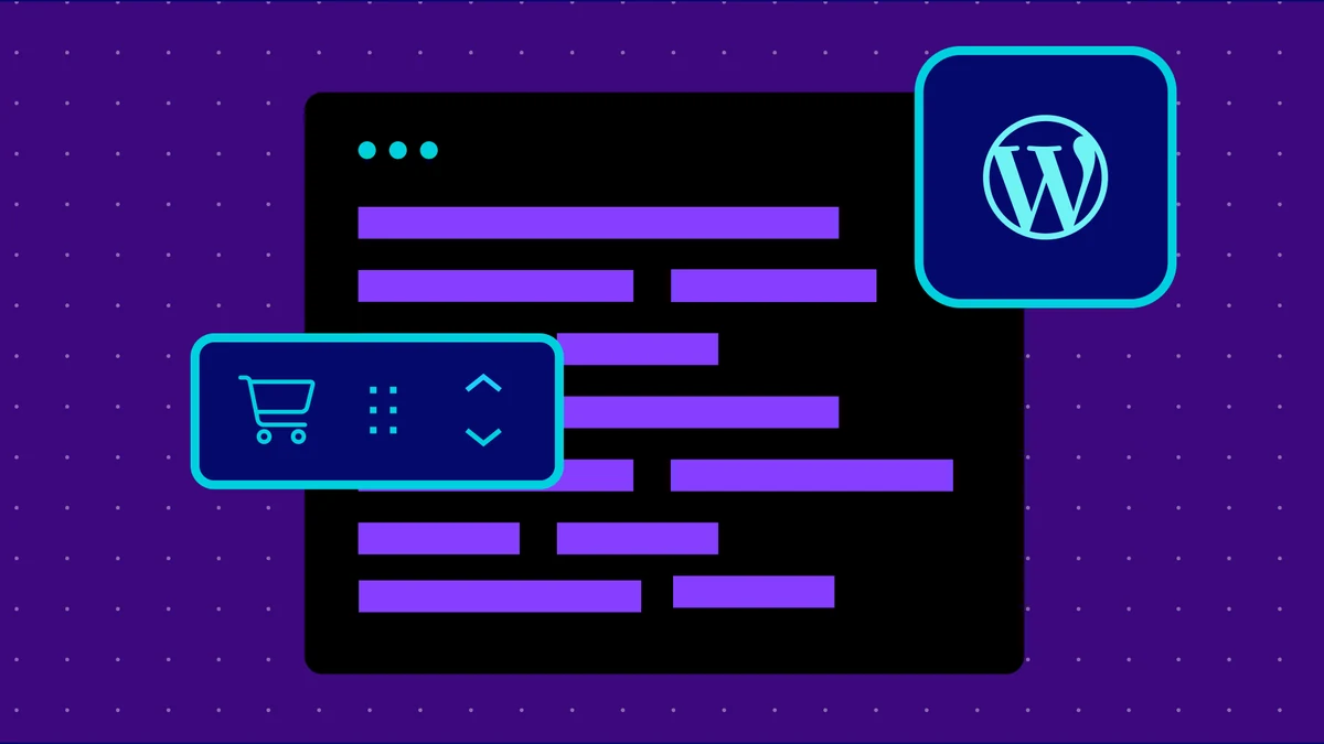 WooCommerce store-builder graphic with a browser mockup, a shopping-cart block icon, and the WordPress logo
