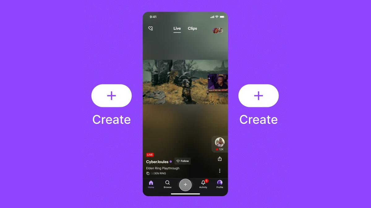 Twitch mobile app home feed showing a live Elden Ring stream on a smartphone on a purple background