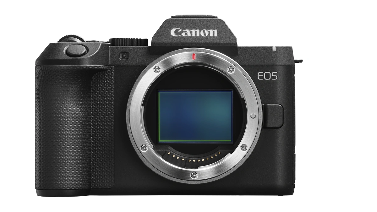 EOS R8 Mark II body front-on without a lens, exposing its full-frame sensor and metal lens mount
