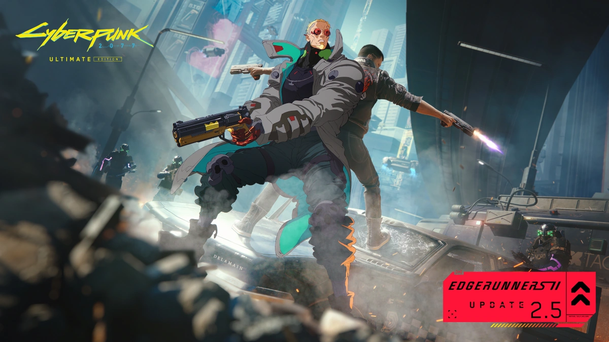 Cyberpunk 2077 key art of two armed characters atop a wrecked cab, with the Edgerunners II Update 2.5 badge