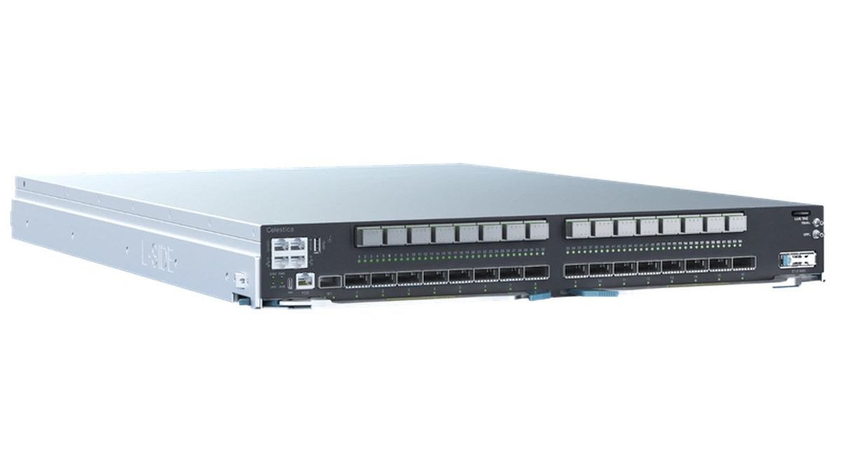 DS6005 switch with two rows of front-panel optical ports, shown at an angle on a white background