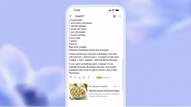 ChatGPT app conversation with a sponsored ad card for a grocery brand shown below the reply