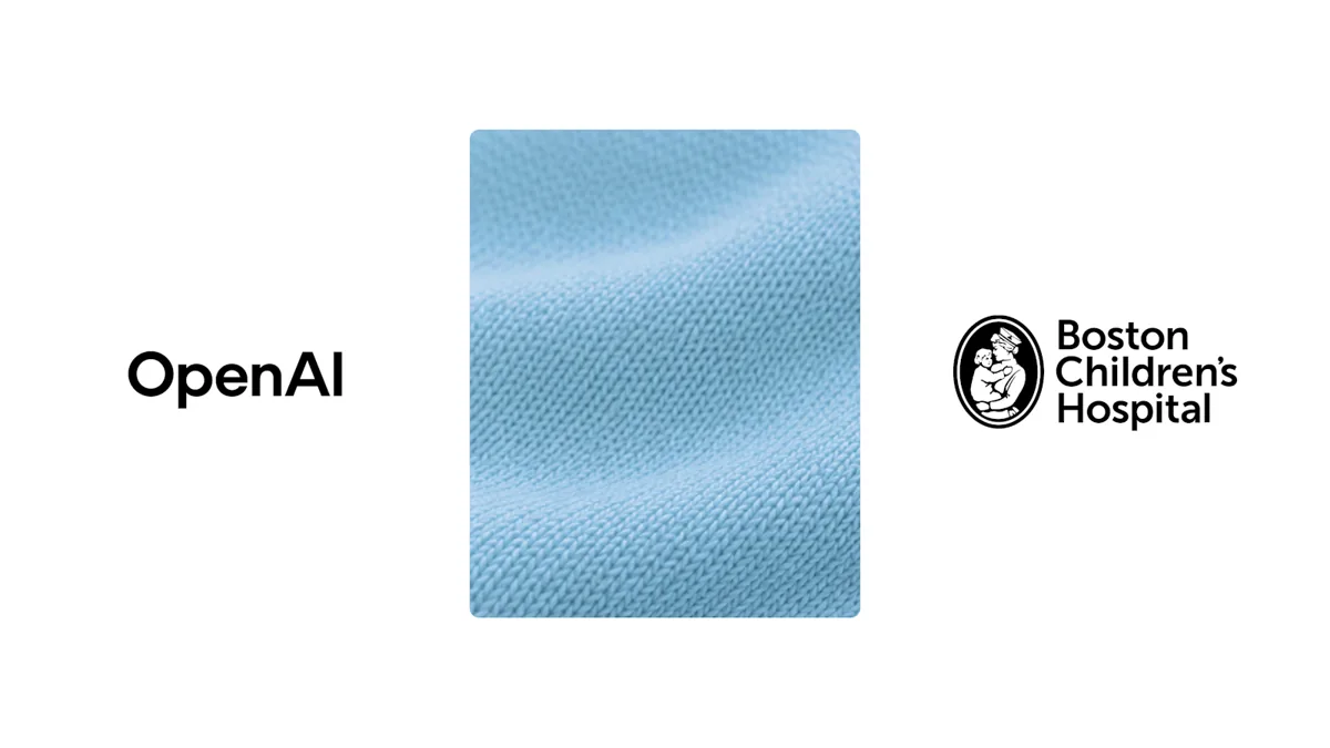 OpenAI and Boston Children's Hospital logos on a soft blue knit fabric background