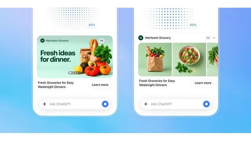 ChatGPT mobile screens showing Heirloom Grocery visual ads above the prompt bar