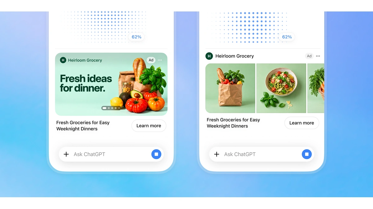 ChatGPT mobile screens showing Heirloom Grocery visual ads above the prompt bar