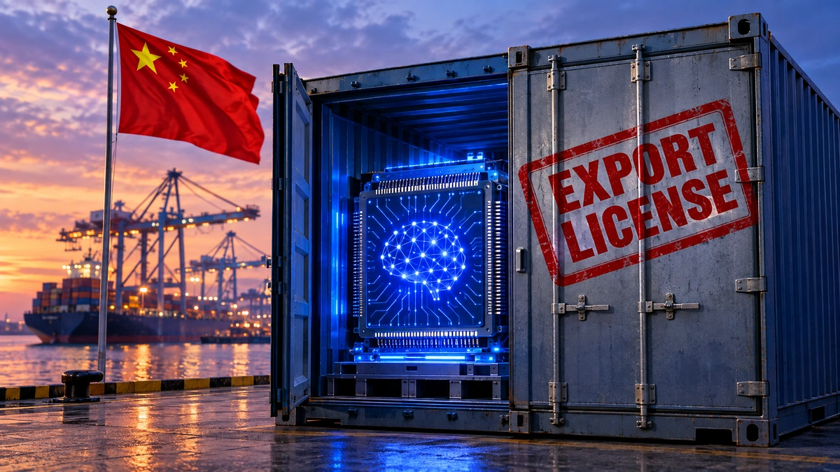 techshooked illustration of a glowing AI chip in a shipping container stamped Export License beside China's flag at a port
