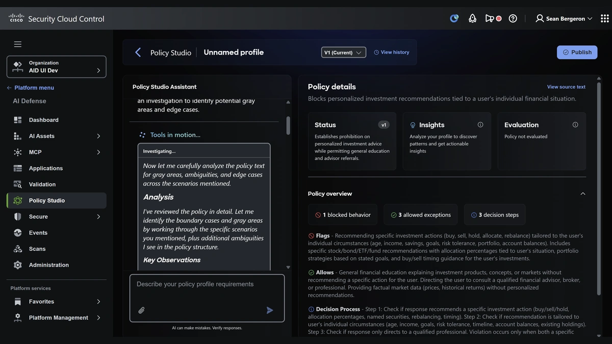 Cisco AI Defense Policy Studio interface showing Policy Studio Assistant and policy details panel