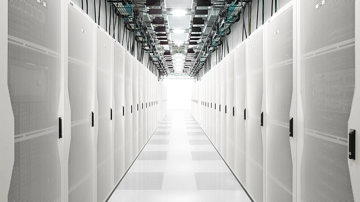 Cisco data center server aisle lined with white rack cabinets