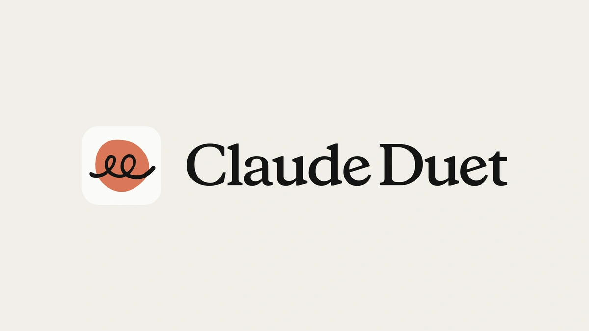 Claude Duet wordmark beside its orange squiggle app icon on a light beige background