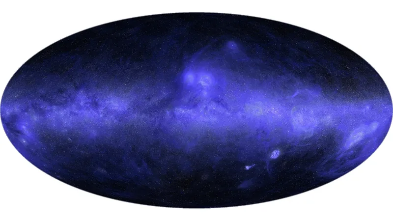 Claude Science all-sky ultraviolet map in an oval projection, with the Milky Way glowing blue across the center