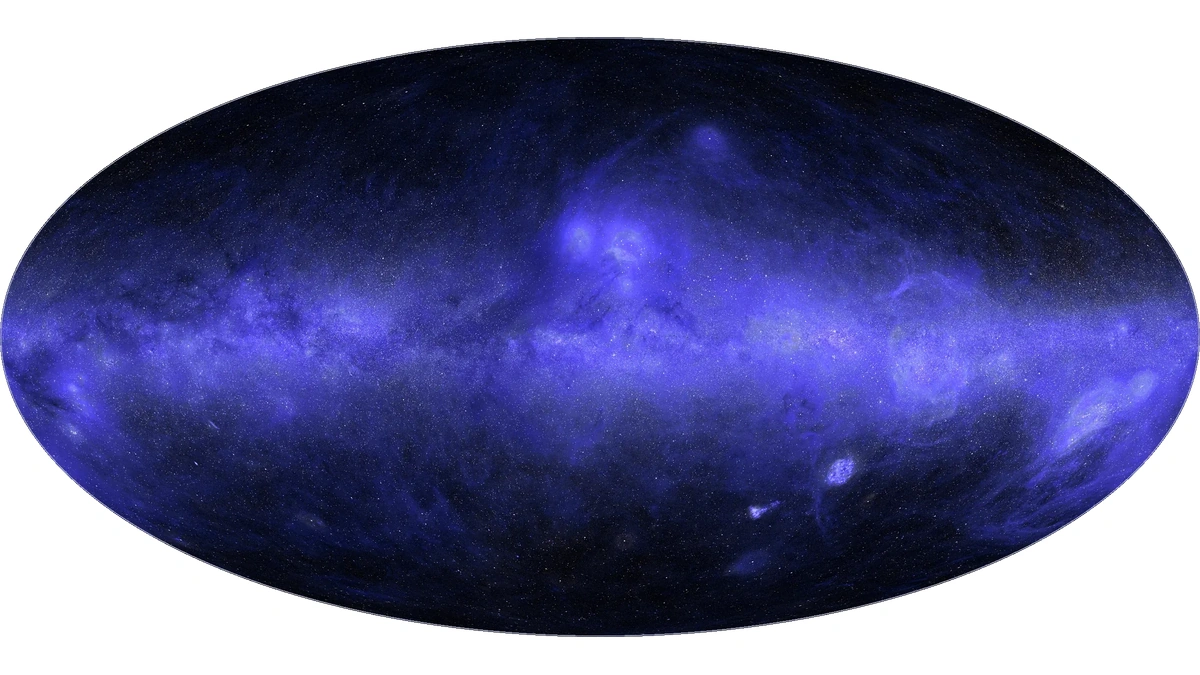 Claude Science all-sky ultraviolet map in an oval projection, with the Milky Way glowing blue across the center